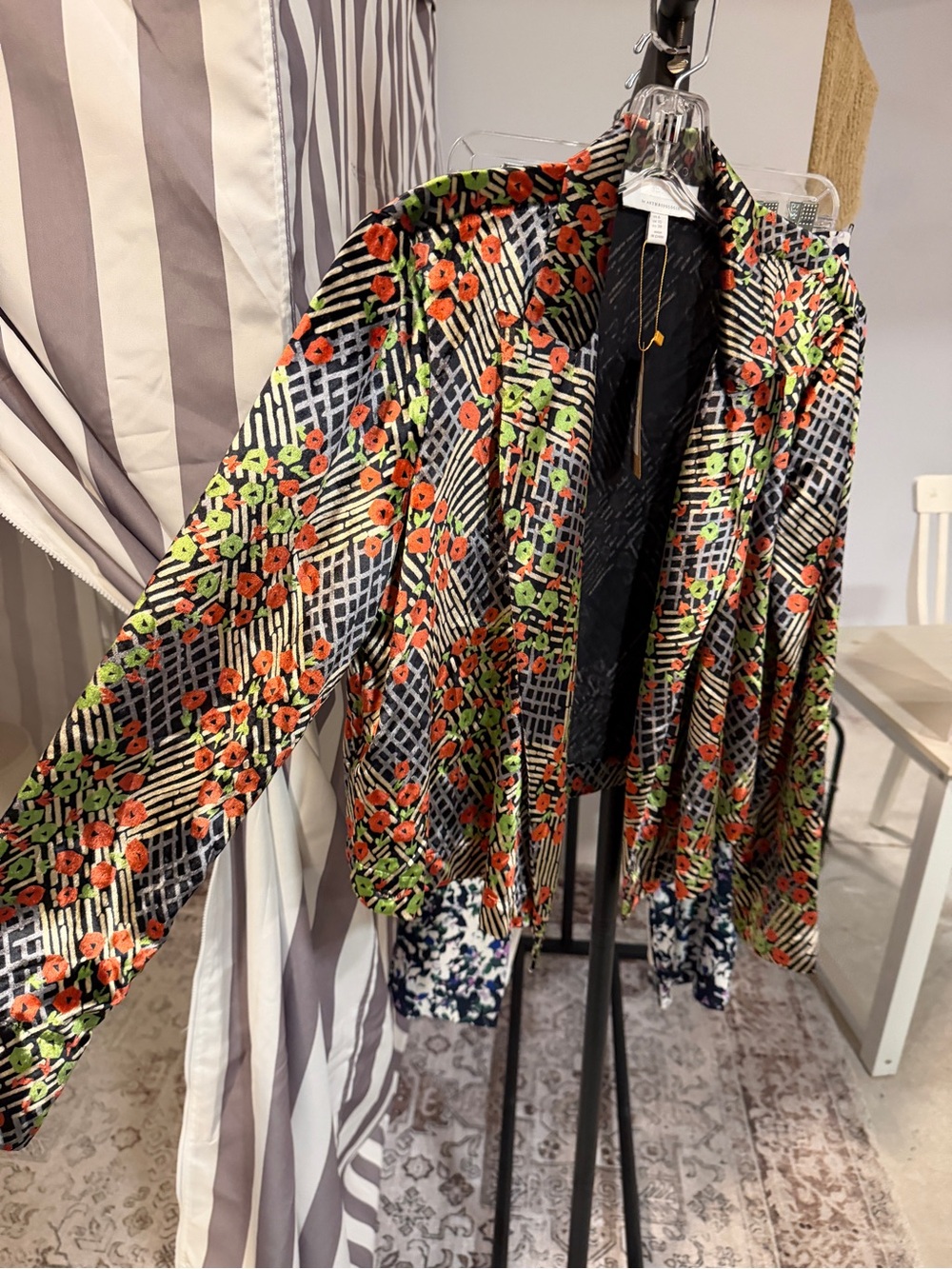 Anthropology Floral Grid Velvet Jacket - Black/Orange/Green Poppies